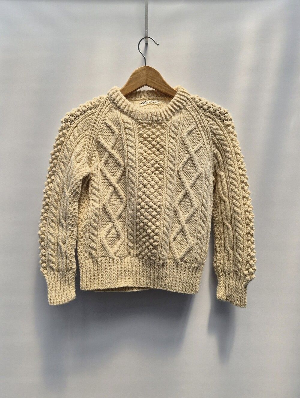 Vtg Bloodyforeland Irish Aran Fisherman Sweater Hand Knit Wool Cream Ivory XS